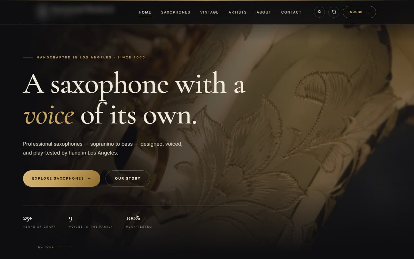 Homepage we built for an instrument retailer: dark storefront with online catalog and checkout