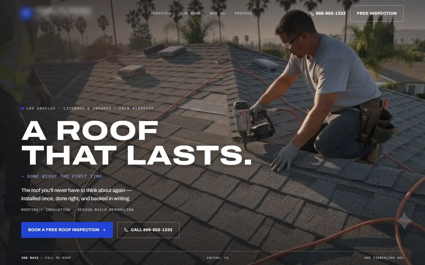 Homepage we built for a roofing contractor: bold headline over a photo of a crew re-roofing a house