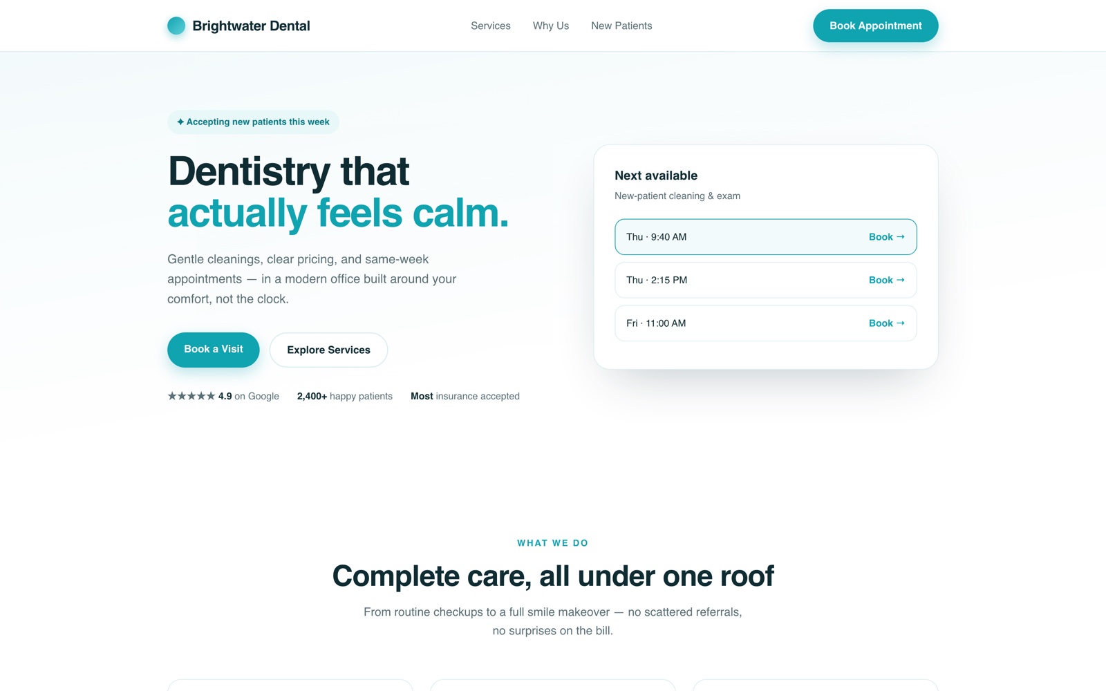 Homepage of the Brightwater Dental concept build
