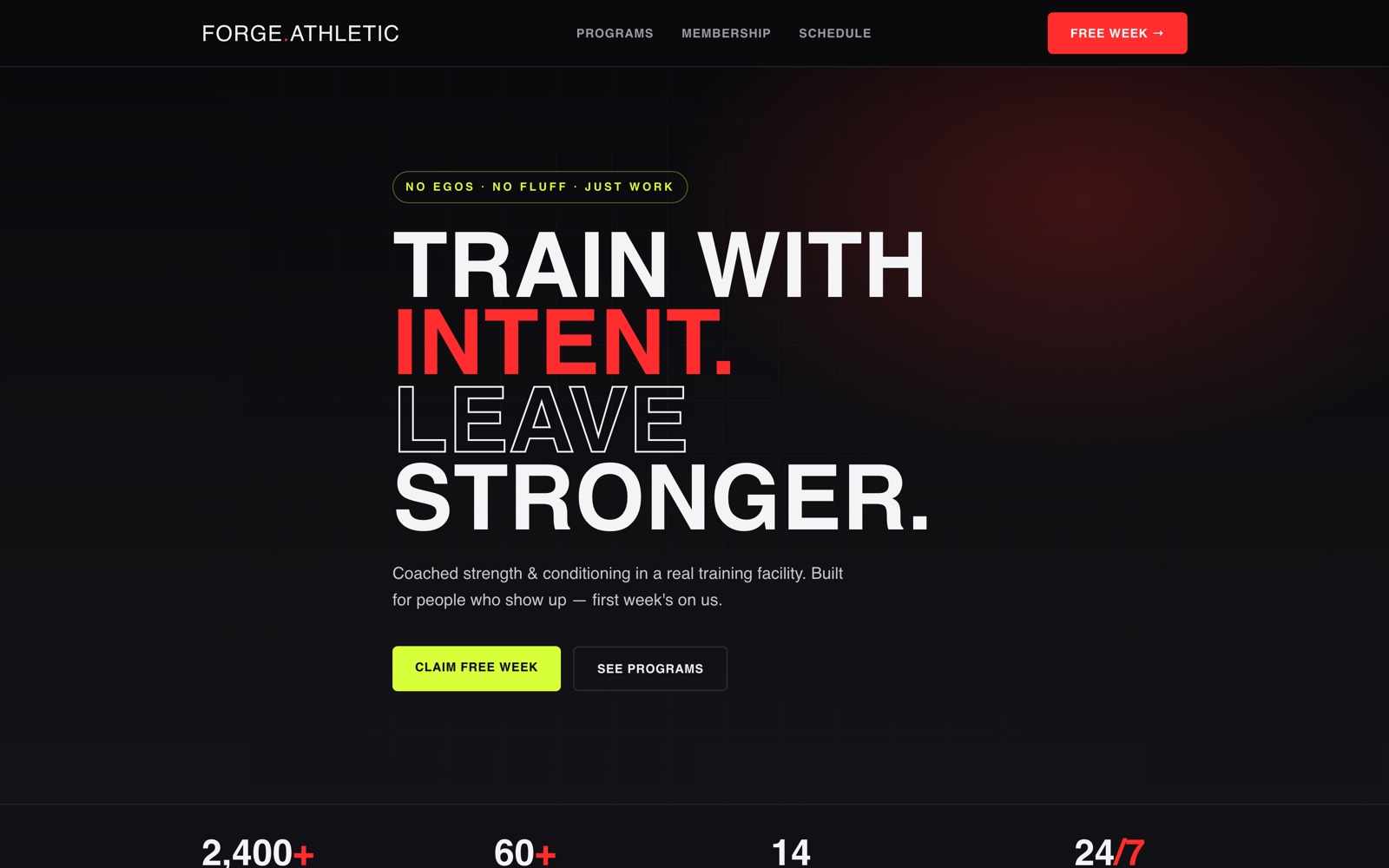 Homepage of the Forge Athletic Club concept build