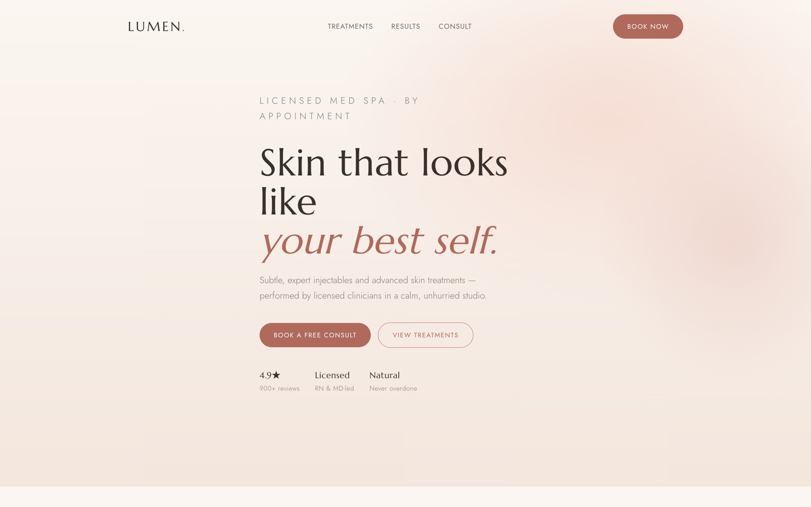 Homepage of the Lumen Aesthetics concept build
