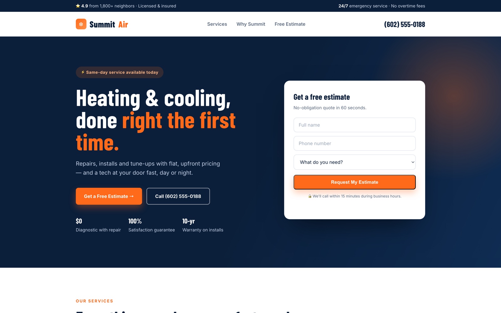 Homepage of the Summit Air & Heating concept build